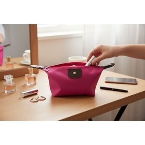 Pink Nylon Cosmetic Makeup Bag Travel Toiletry Pouch with Faux Leather Trim